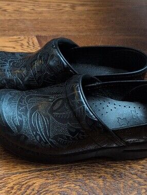 Black Embossed Leather Slip-On Clogs